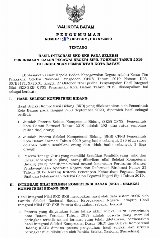 Pengumuman Hasil Integrasi Skd Skb Seleksi Cpns 2019 Dilingkungan Pemerintah Kota Batam