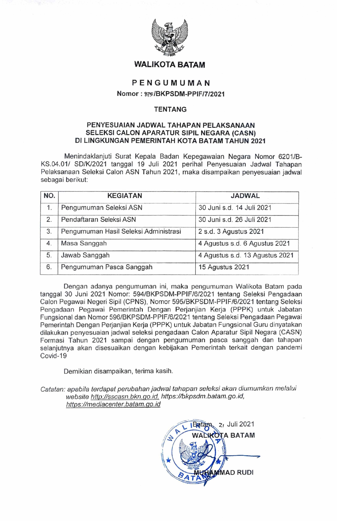 PENGUMUMAN PENYESUAIAN JADWAL TAHAPAN PELAKSANAAN SELEKSI CALON ...